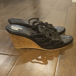 a.n.a Black Braided Wedge Slide Sandals with Cork Heel